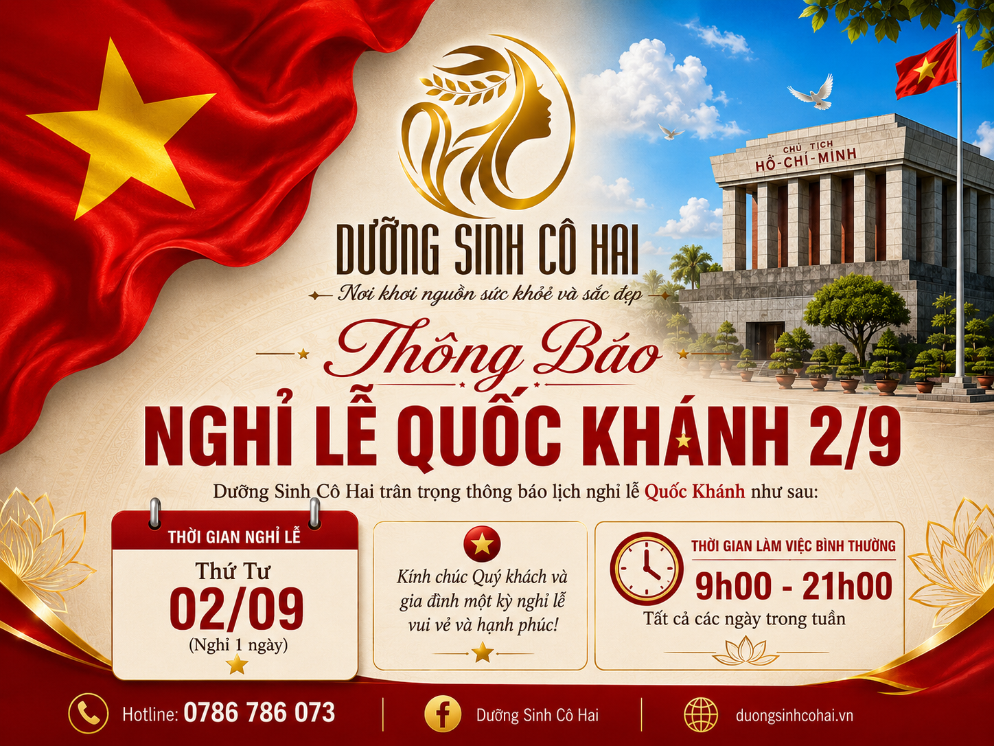Thông báo nghỉ lễ Quốc Khánh 2/9 của Dưỡng Sinh Cô Hai